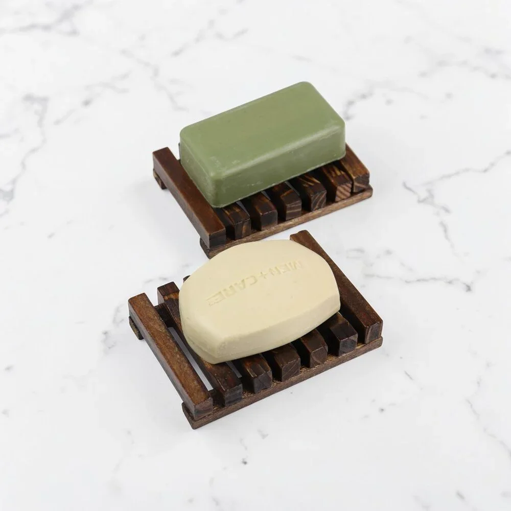 Set of 2 Natural Wood Soap Holder Storage